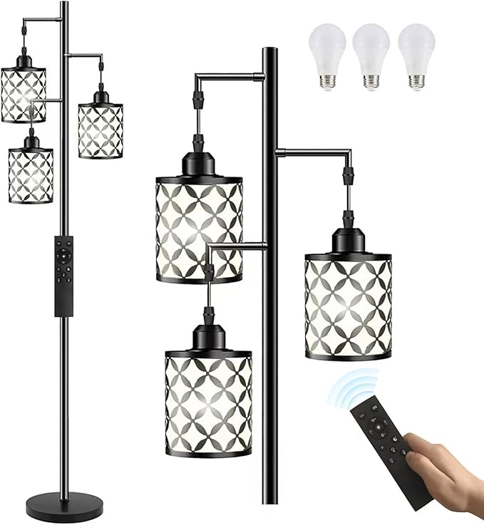 New Upgraded 72" Tall Dimmable Floor Lamp, 3 x 800LM 9W LED Bulbs Included, Farmhouse Standing Lamp with Remote Control, Industrial Tree Pole Floor Lamps for Living Room, Bedroom, Study Room - Black