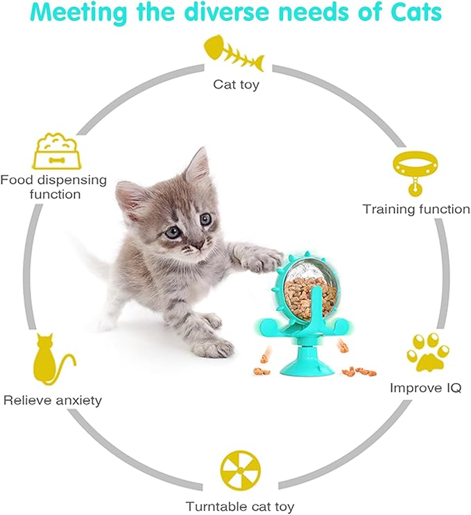 Cat Dog Treat Dispenser Toy - Cat Interactive Feeder Pet Food Toys Feeder 360° Degree Rotating Food Leakage Device Rotate with Strong Suction Cup Money Wheel Shape (Lake Blue)