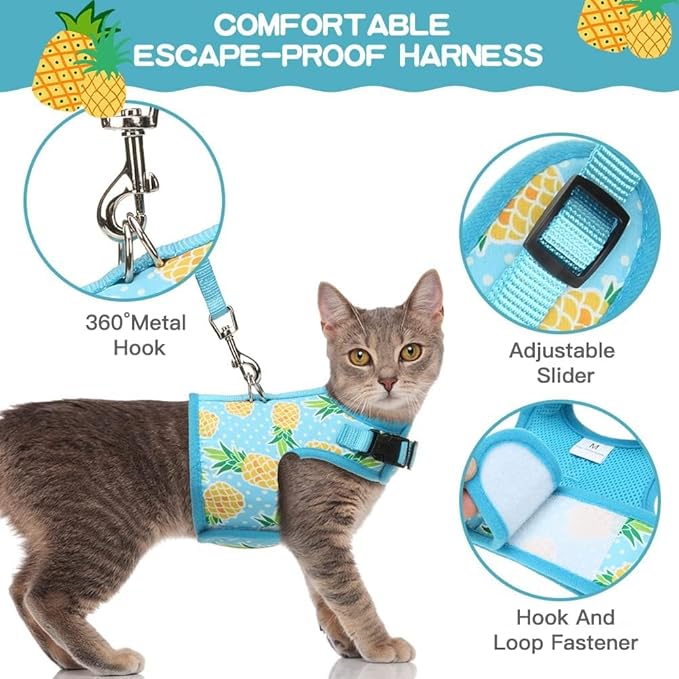 BINGPET Cat Harness - with Leash Included - Mesh Cat Dog Walking Harness Adjustable Harness for Kitties Puppy Harness Adjustable Cat Vest Harness Small Pineapple