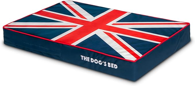 The Dog’s Bed Orthopedic Memory Foam Dog Bed, Medium Blue & Red Trim UK Center Flag 34x22, Pain Relief for Arthritis, Hip & Elbow Dysplasia, Post Surgery, Supportive, Calming, Waterproof Washable