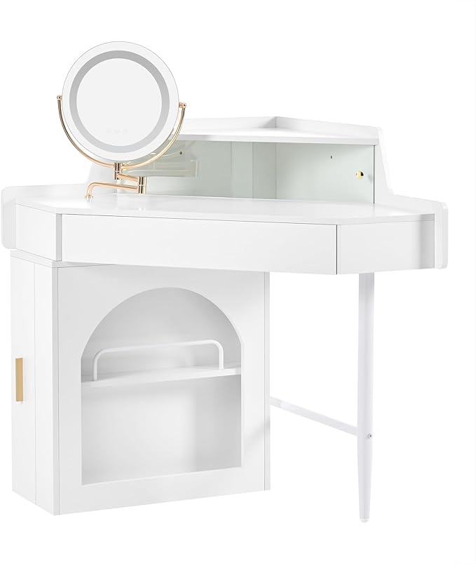 Merax Corner Vanity Desk with Mirror & LED Lights & Stool, Modern Makeup Vanity Table with Drawer Shelf Cabinet for Bedroom, Brightness Adjustable Folding Mirror (White)