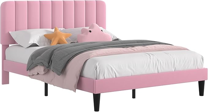 VECELO Queen Size Bed Frame with Upholstered Headboard, Velvet Platform Bedframe Mattress Foundation, Strong Wood Slat Support, No Box Spring Needed, Pink