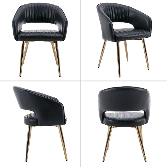 Modern Dining Chairs Set of 8, Upholstered PU Leather Gold Dining Room Chairs with Hollow Back, Accent Armrest Kitchen Chairs with Gold Legs for Living Room Black