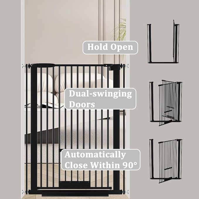40.55" Tall 1.37" Ultra Narrow Spacing Dogs Pets Baby Gate with Door for Doorway Cat Safety Proof Indoor Extra 30.12-34.06" Wide Puppy Pressure Mounted No Drill White Black Metal Hallway