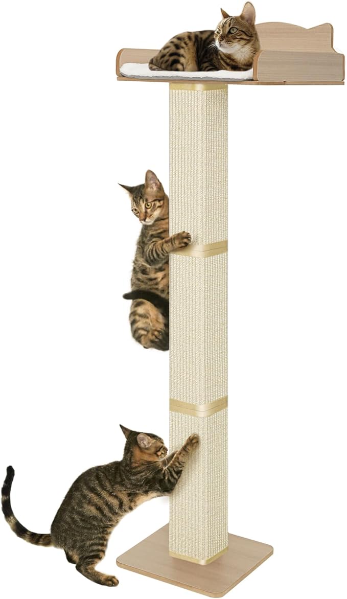 Cat Window Perch with Thick Sisal Scratching Post, Cat Hammock for Window, 53.5" Adjustable Tall Cats Scratching Post with 2 Upgrade Suction Cups, Cats Window Bed with Fuffy Cushion, Sisal