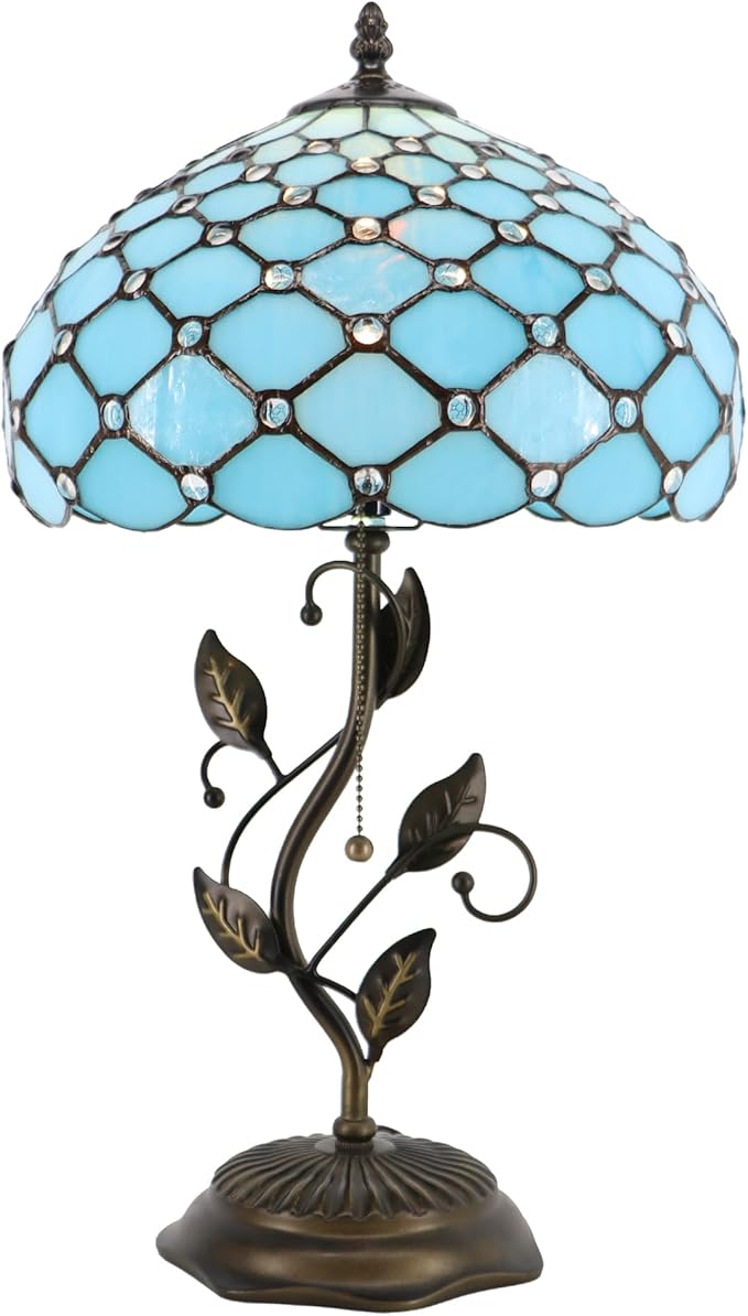 Tiffany Lamp Stained Glass Table Lamp Desk Bedside Reading Light 12X12X19 Inches with Metal Leaf Base(Sea Blue Beads)