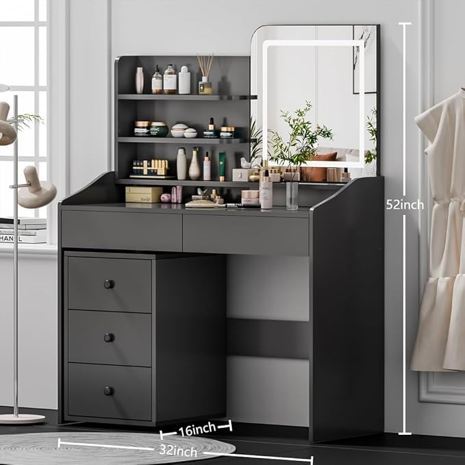 Makeup Vanity Desk with LED Mirror & Movable Storage Cabinet, 3-Tier Open Shelves, 5 Drawers, Adjustable 3-Color Lighting for Bedroom