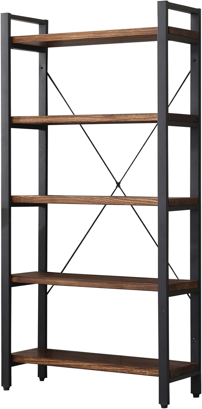 5 Tier Bookcase, Solid Wood Bookshelf Rustic Vintage Industrial Etagere Bookcase, Metal and Wood Free Vintage Bookshelf, Retro Brown (5-Tiers)