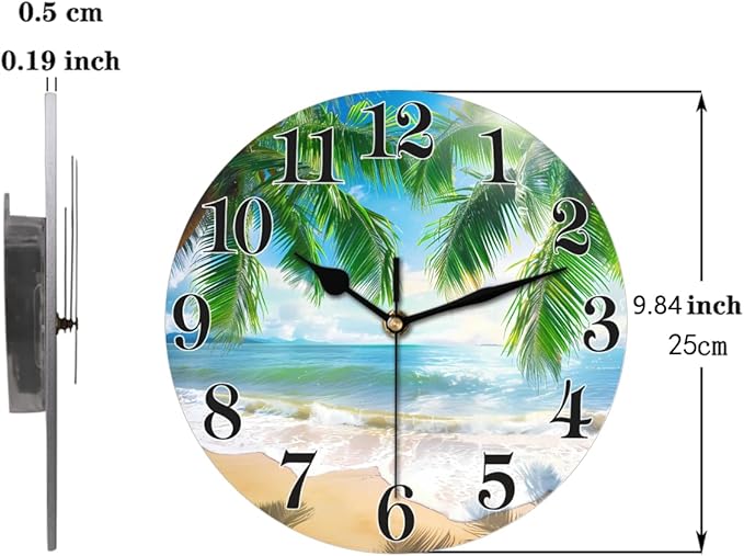 Tropical Beach Coconut Tree Wall Clock Battery Operated 10 in Round Wall Clocks Slilent Non Ticking Quartz Analog Clock for Bedroom Kids Living Room Classroom Decor