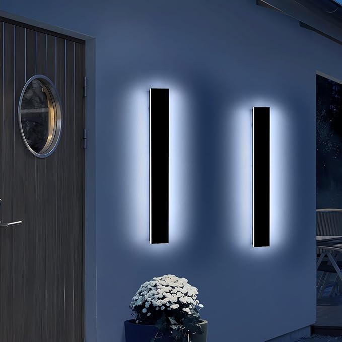 2 Pack 23.6inch Long Outdoor Led Wall Lights, IP65 Waterproof Black Outside Porch Lights, 6000K Cold White, 24W, Modern Exterior Wall Sconces Lighting for Garage, Patio, House, Garden