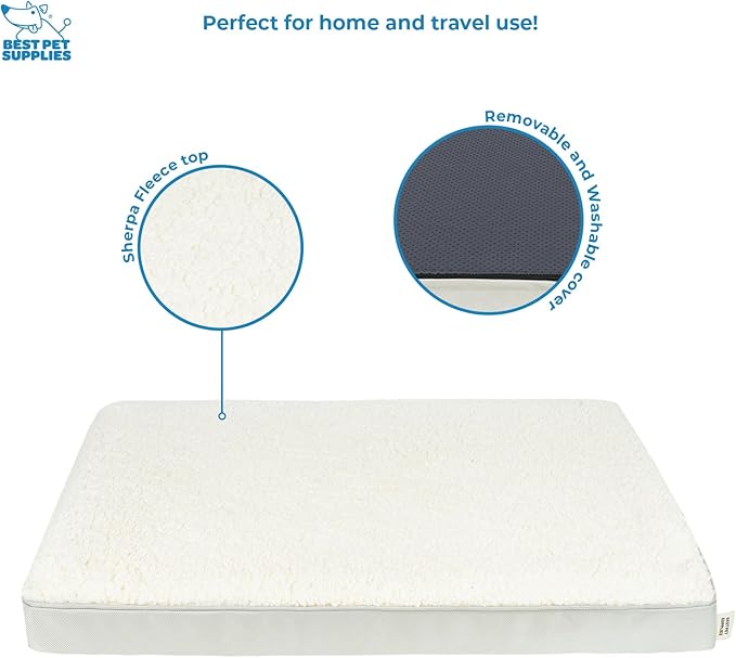 Best Pet Supplies Cute Dog Crate Mat Flat Bed with Waterproof Exterior, Thick Orthopedic Egg Foam Mattress, and Soft Sherpa Fleece Cover for Small, Medium, and Large Breeds - Beige, 30X20X3