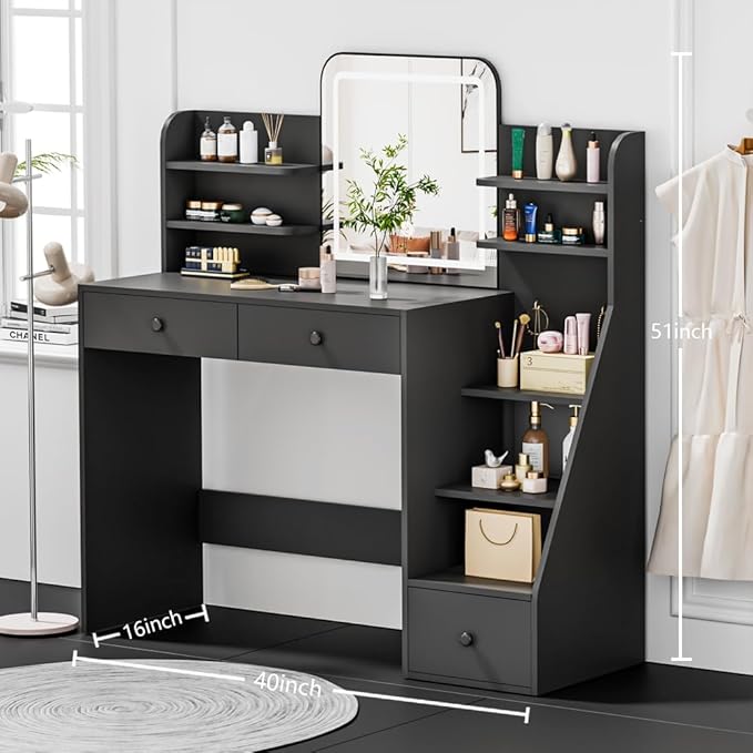 Makeup Vanity Desk with LED Mirror & 5-Tier Sloped Shelves, 7 Open Storage Areas & 3 Drawers, Adjustable 3-Color Lighting Dressing Table