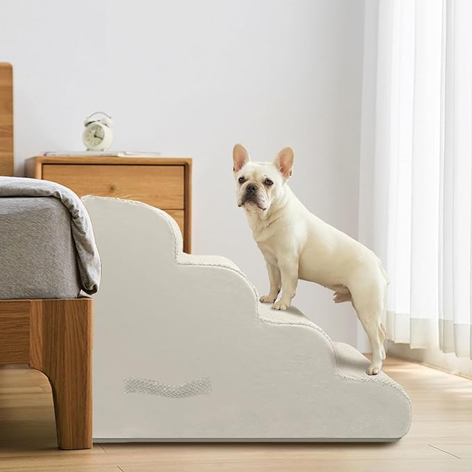 PAWSCART Dog Stairs for Small Dogs and Cats, 4-Step Dog Steps for Bed, 19.6" H Pet Stairs for High Bed, Pet Ramp for Couch, Sofa, Non-Slip Surface Removable Washable Cover, Beige