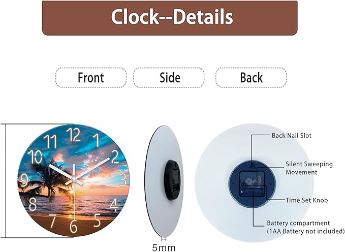 XFM Blue Beach Wall Clocks Battery Operated 20 Inch Palm Tree Silent Wall Clock Sunset Glass Coastal Wall Clock for Living Room Bedroom Kitchen Office