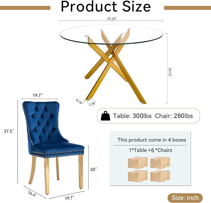 Goujxcy Round Dining Table Set for 6, Modern Glass Kitchen Table and Chairs Set of 6, 7-Piece Dining Room Table Set w/47 Circle Gold Glass Dining Table and 6 Upholstered Velvet Chairs