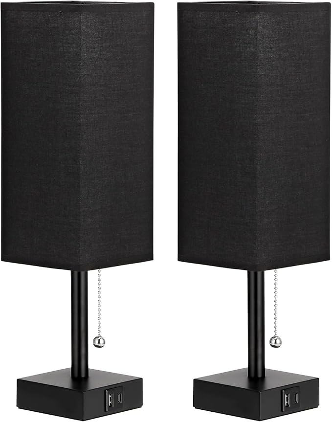 Bedside Table Lamps Set of 2 - Black Bedroom Lamps with 3 Color Temperatures (3000K/5000K/4000K), Two Square Nightstand Lamps with USB C + A Charging Ports, Pull Chain Small Night Light for End Table