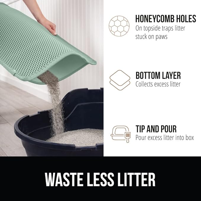 GORILLA GRIP Honeycomb Cat Litter Box Mat, Two Layer Trapping Waste Mats, Soft On Paws, Litter Box Supplies and Essentials for Indoor Cats, Traps Excess, Water Resistant for Floors, 30x24 Sage