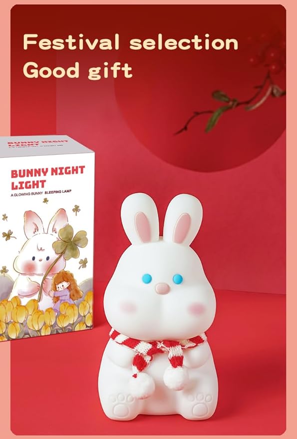 Rabbit Night Light for Adults Kids,LED Dimmable Animal Silicone Bunny Lamp Nightlight,Rechargeable BedsideTable Lamp withTouch Sensor 7 Colors,Gifts Decor for Kids Aduts,Bedrooms,Living Room
