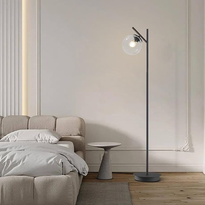 Modern Black Floor Lamps for Living Room Industrial Clear Globe Tall Standing Lamp Mid Century Freestanding Lamps Vintage Metal Floor Lamp for Bedroom Office