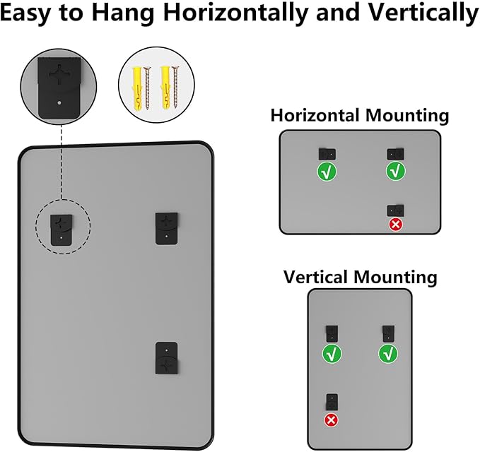 Koonmi Bathroom Mirror, 36X55 Brushed Black Rectangle Wall Mirror, HD Tempered Glass, Anti-Rust Frame Vanity Mirror, Rounded Rectangle Mirror for Restroom, Bedroom, Hangs Horizontal or Vertical