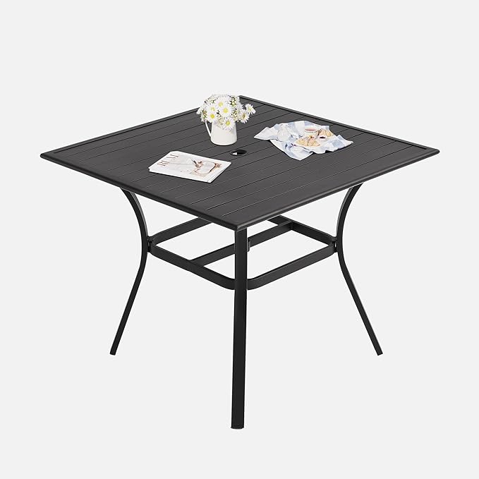 LVUYOYO Outdoor Patio Dining Table, Metal Square Table with Umbrella Hole, All-Weather Furniture for Backyard, Garden,Balcony,Porch (Black)