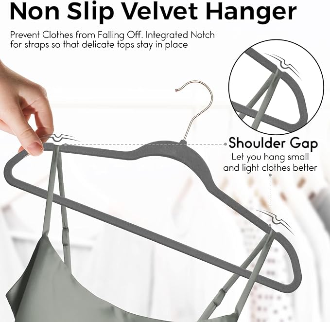 Premium Velvet Hangers 50 Pack Ultra Thin Non Slip Adult Felt Space Saving Slim Suit Hanger for Closet Heavy Duty Coat Pants Jackets Dress Hangers 360° Swivel Hook Hold Upto 10 lbs Gray
