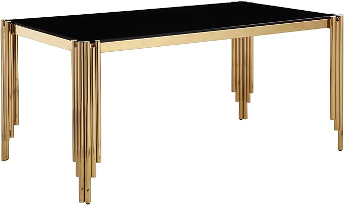 65" Rectangle Glass Dining Table, Glass Kitchen Table w/Tempered Glass Tabletop and Stainless Steel Gold Legs, Modern Glass Dining Room Table for Home, Kitchen, Dining Room