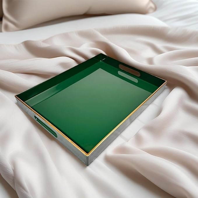 Large Green Rectangular Decorative Tray – Plastic Serving Tray with Handles for Coffee Table, Ottoman, Living Room, 15.7” x 11.8” x 1.6