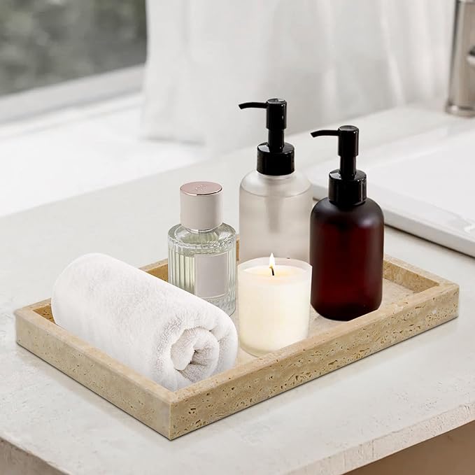 Travertine Tray,Bathroom Vanity Tray Non-Ceramic/Non-Resin,Marble Perfume Decorative Tray 12 x 8 inch (Travertine)