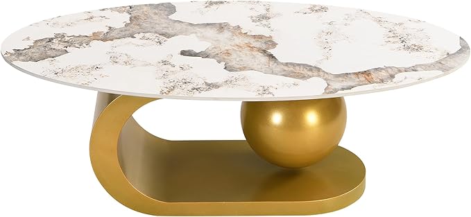 Merax 47.2" Modern Oval Coffee Table, Marble Pattern Sintered Stone Coffee Tabletop with Gold Stainless Steel Base for Living Room, White+Gold