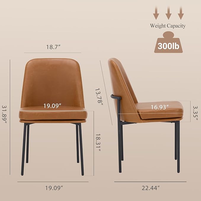 COLAMY Modern Dining Chairs Set of 2, Faux Leather Upholstered Dining Room Chairs Kitchen Chairs Dinner Chair with Curved Back and Metal Legs, Brown