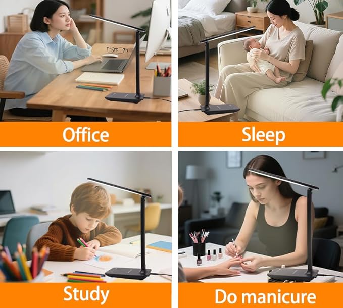 Led Desk Lamp Dimmable Table Lamp with USB Charging Port, 5 Lighting Modes, Sensitive Control, Foldable Portable Dorm Desk Lamps for Home Office Bedroom Reading Study Work (Black)