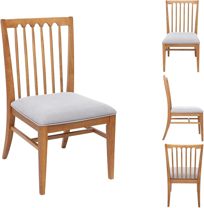 chairus Upholstered Dining Chairs Set of 6, Natural Wooden Barrel Kitchen Chairs with Slat Back Double-Layer Cushion Farmhouse Accent Chairs for Dining Room/Living Room/Restaurant, Chenille Grey