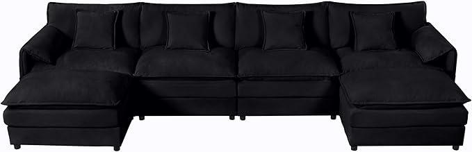 143.31" Oversized Extra Deep Seat Modern Chenille Cloud Couch, Large 4 Seater U Shaped Modular Sofa for Living Room,Bedroom,Apartment,Office (Black, 143.31 Inch-U Shape)