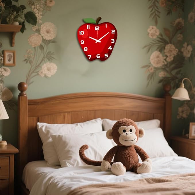 CHGCRAFT Apple Pattern Wall Clock 14.7 Inch Wood Grain Non-Ticking Irregular Shape Clocks Wall Hanging Clock Battery Operated for Bedroom Living Room Kitchen Office