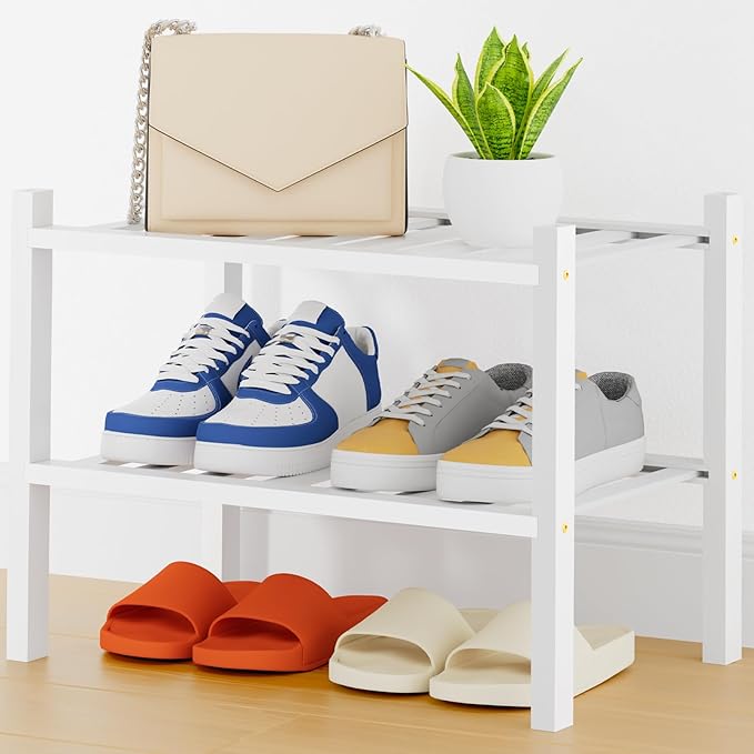 Smiry Shoe Rack, 2 Tier Thick Small Bamboo Shoe Organizer, Stackable Free Standing Wooden Shoe Storage Shelf for Closet, Entryway, Front Door Entrance, White