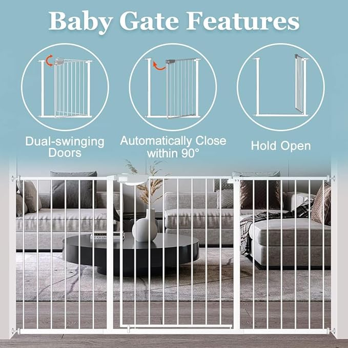 WAOWAO Triple Lock 68.11-75.98" Baby Gate Extra Wide Pressure Mounted Walk Through Swing Auto Close Safety White Metal Dog Pet Puppy for Stairs,Doorways,Kitchen