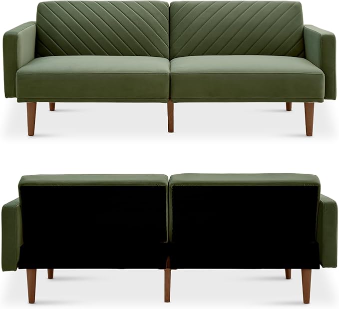 mopio 76.4" Futon Sofa Bed, Couch, Loveseat, Sleeper Sofa, Mid Century Modern Futon Couch, Sofa Cama, Couches for Living Room (Olive Green Premium Velvet)