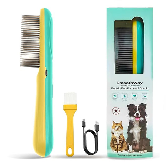 Professional 3-Row Tick & Flea Comb for Pets - Stainless Steel Teeth with Negative Ion Technology | Electric Grooming Tool for Tick Removal on Dogs, Cats & Long-Haired Animals
