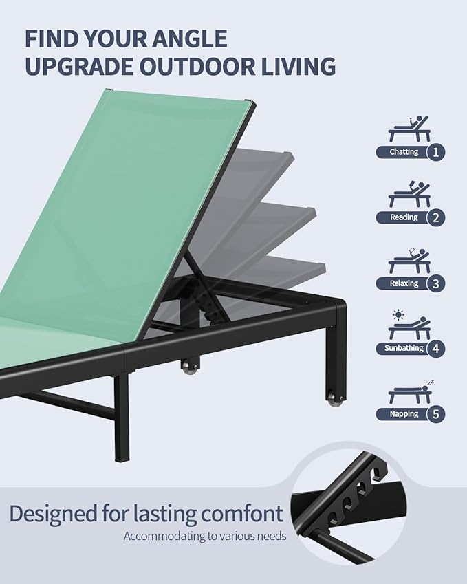 Aluminum Lounge Chairs Outdoor Chaise Furniture,2 Sets Patio Metal Deck Lounger Adjustable 5-Position Poolside Chase Recliner with Wheels for Beach,Coffee Table, (Green, 2 Chair)