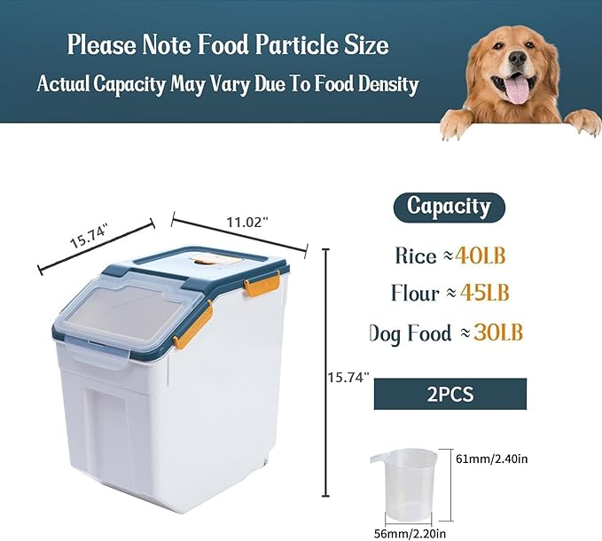 50 lbs Flour Storage Container, 2 Pack Rice Storage Container with Measuring Cup & Scoop, Pet Food Storage Container Dog Cat Food Bin, Blue