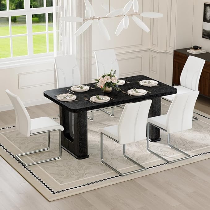 64.5" Black Dining Table Set for 6, Modern Kitchen Table and Chairs Set with PU Leather Cushioned Chairs & Decorative Pedestal Base, 7 Piece Wood Grain Dining Table Set for Dining Room or Kitchen