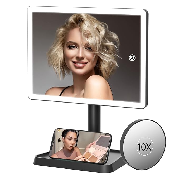 FUNTOUCH Rechargeable Makeup Vanity Mirror with Lights, Large Lighted Desk Makeup Mirror with 96 LED Lights and 10x Magnifying, 3 Color Lighting, Make up Light Mirror with Phone Holder,Black