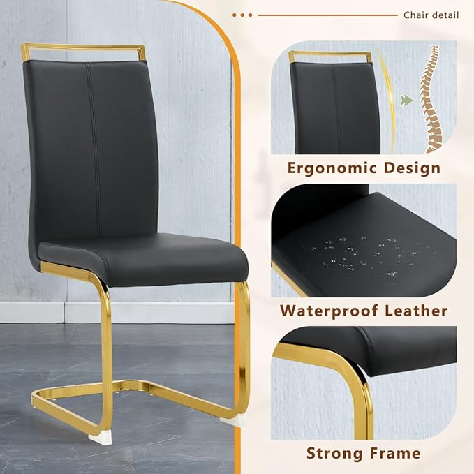 63'' Glass Dining Table Set for 4, Kitchen Table Chairs Set of 4, Clear Glass Dining Table with Black unique design Leg and Gold Metal Base, 4 PU Dining Chairs with Metal Legs, Living Room, Kitchen.