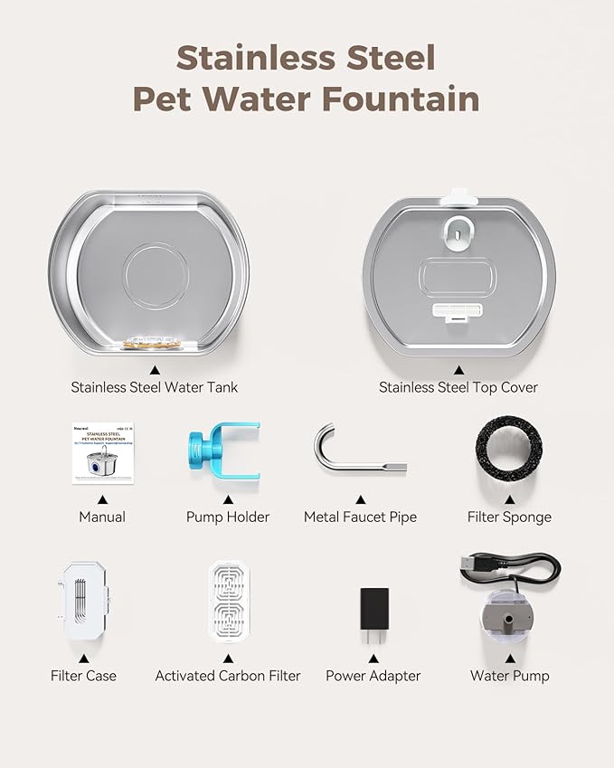 Cat Water Fountain Stainless Steel: 108oz/3.2L Cat Fountain for Drinking- Pet Water Fountain Inside - Automatic Dog Watering Dispenser Bowl - Pet Feeding & Watering Supplies - Water Level Window