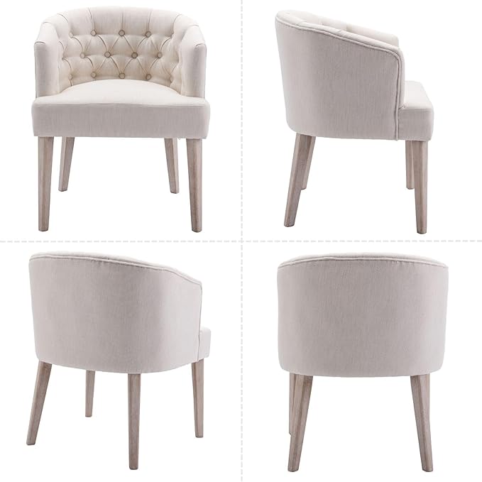 DUOMAY Modern Tufted Dining Chairs Set of 4, Linen Upholstered Side Chair, Comfy Accent Barrel Chair with Wood Legs for Home Kitchen Dining Room Living Room Restaurant, White