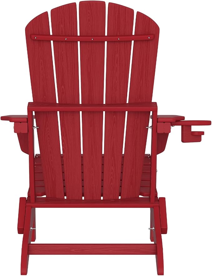 Plawdlik Folding Adirondack Chair Set of 4, SGS Tested, Wooden Textured with Cup Holder, Heavy All-Weather HDPE Comfortable Set Poolside Backyard Lawn,Red