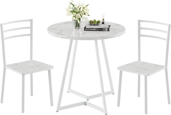 VECELO Small Round Dining Table Set for 2, Wood Tabletop with Strong Metal Frame, Modern Dinette with Chairs for Kitchen, Breakfast Nook Living Room, Faux Marbled & White