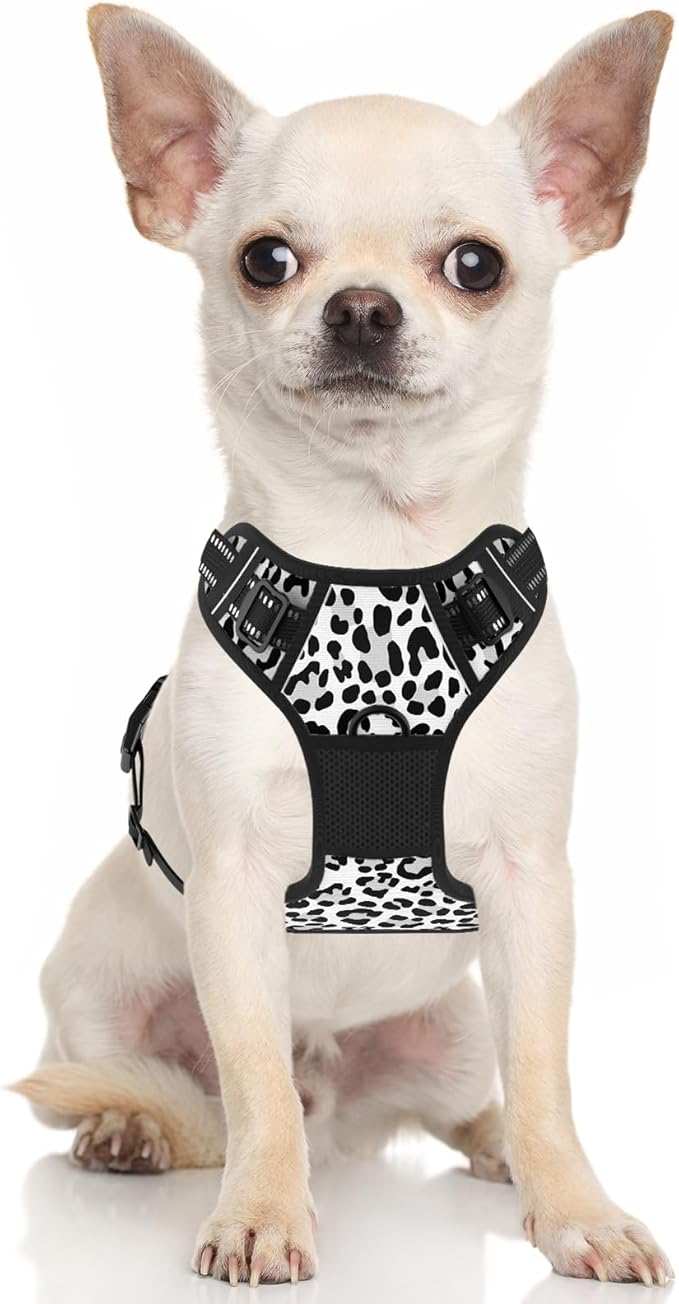Rnivvi No Pull Dog Harness, Cute Leopard Reflective X-Small Sized Puppy Harness, Adjustable Soft Padded Vest for Small Dogs, Cats, Heavy Duty Pet Vest with Easy Control Handle for Walking, White