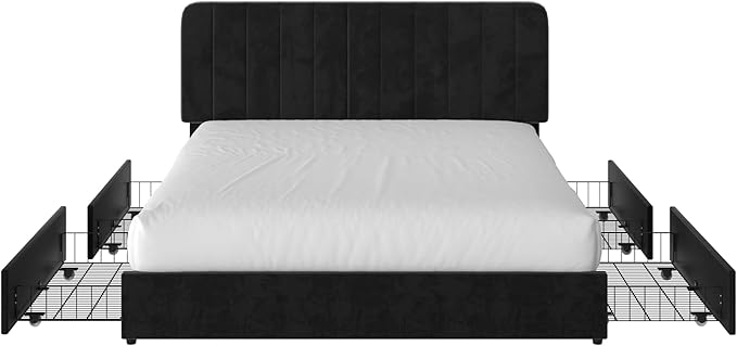 VECELO Full Size Upholstered Bed Frame with 4 Drawers and Headboard, Velvet Platform Storage Bedframe, Wooden Slats Support, No Box Spring Needed,Black